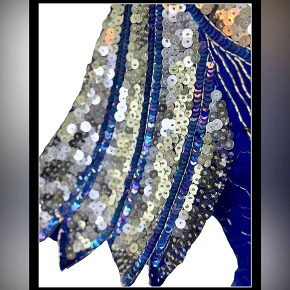 Laurence Kazar Vintage 80’s Blue Dress w/ Silver‎ Peacock Sequins and Open Back - Picture 5 of 10